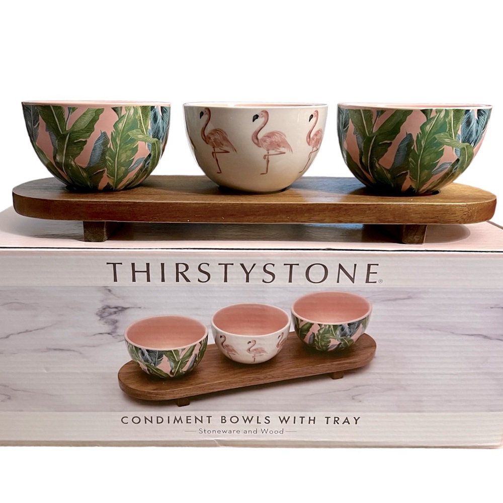 Thirstystone Flamingo Palm Stoneware Condiment Bowls w/ Tray Summer Entertaining